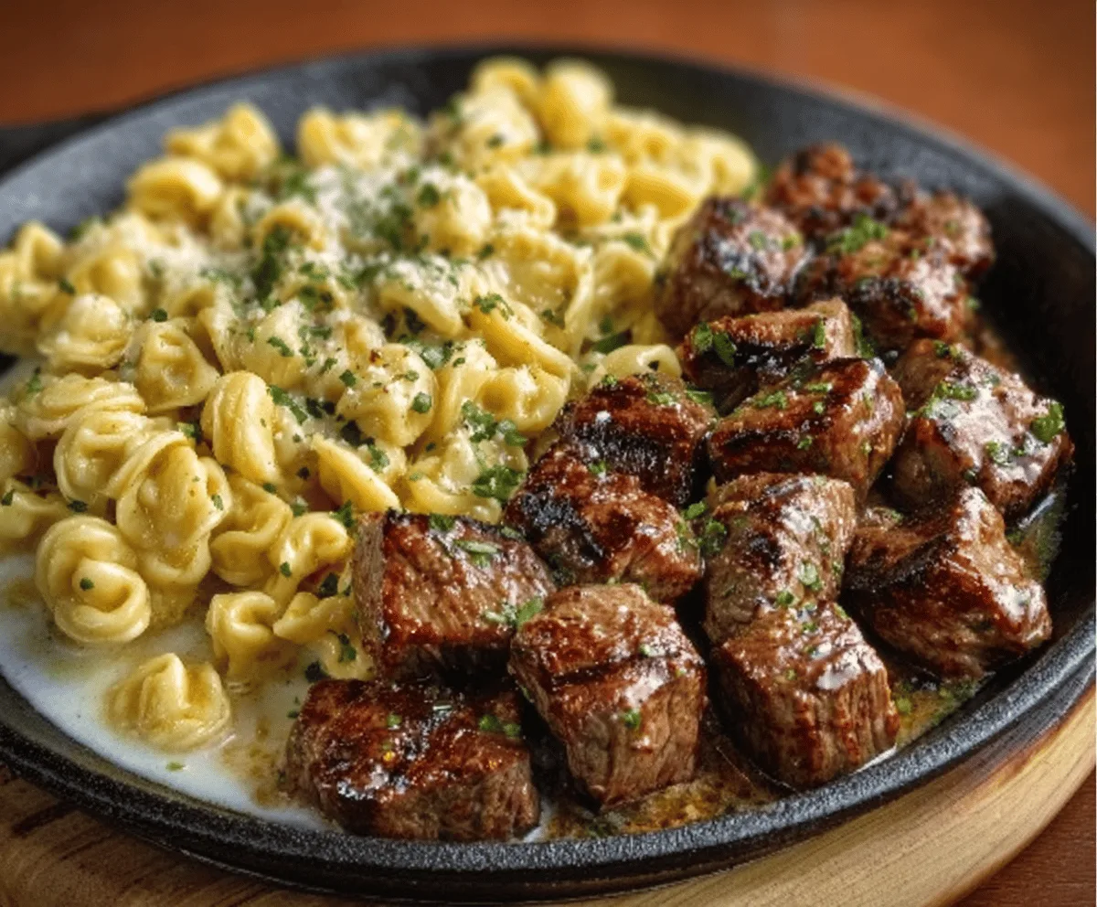 Delicious sizzling butter steak bites served with a side of creamy Alfredo tortellini on a rustic plate.