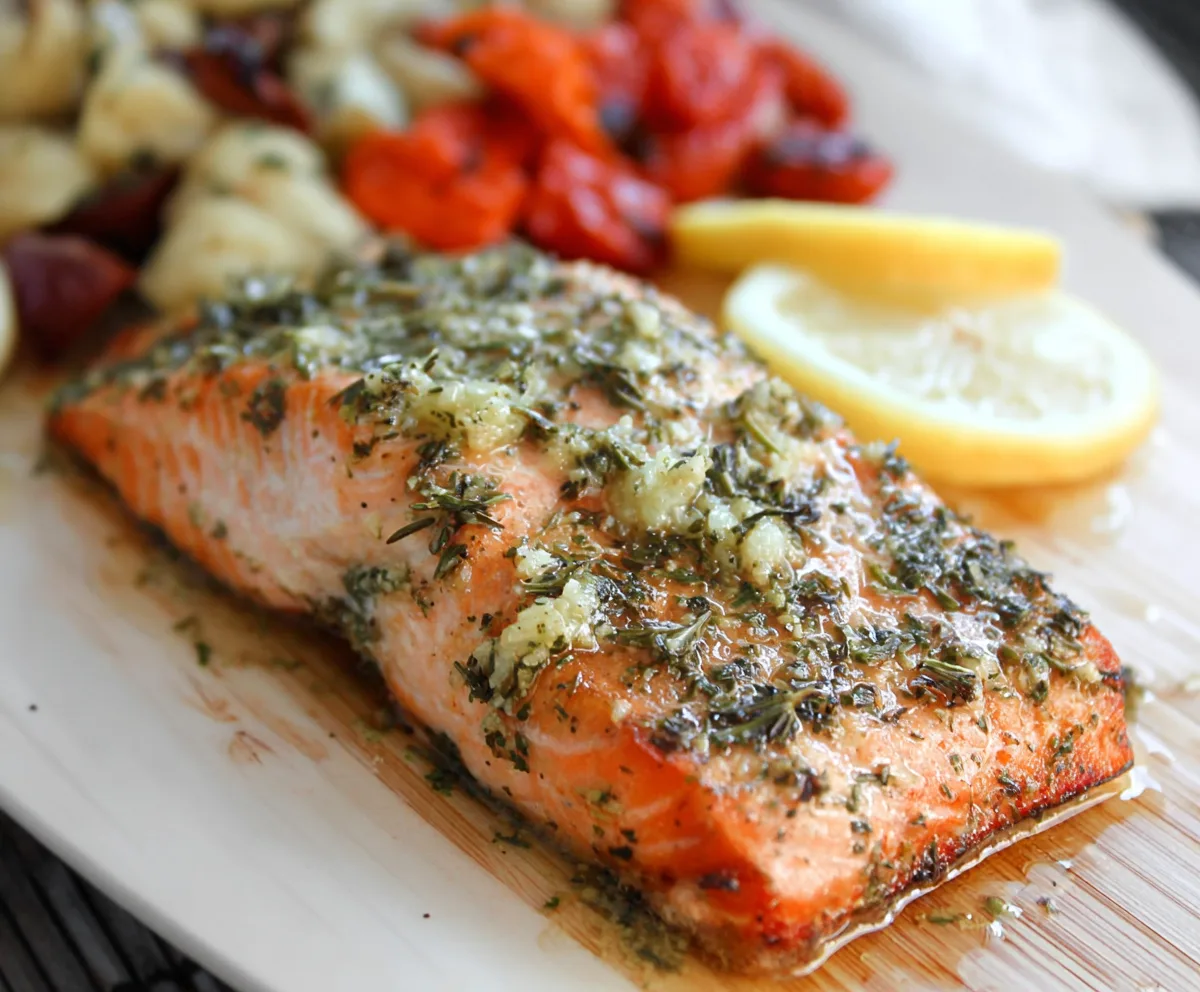 Delicious Lemon Herb Roasted Salmon served on a white plate with fresh herbs and lemon slices.
