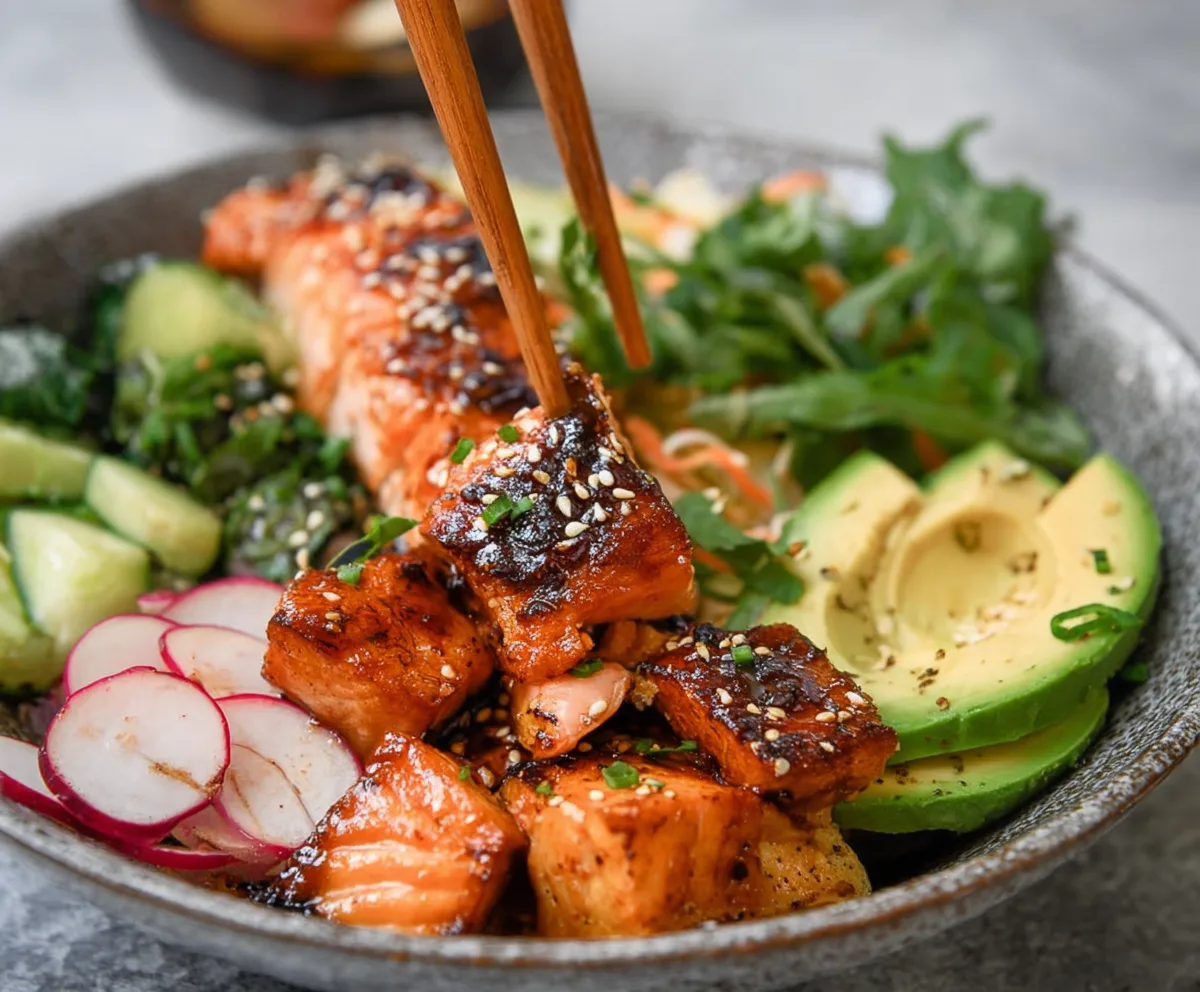Delicious miso glazed salmon bowl served with fresh vegetables and rice, perfect for a healthy meal.