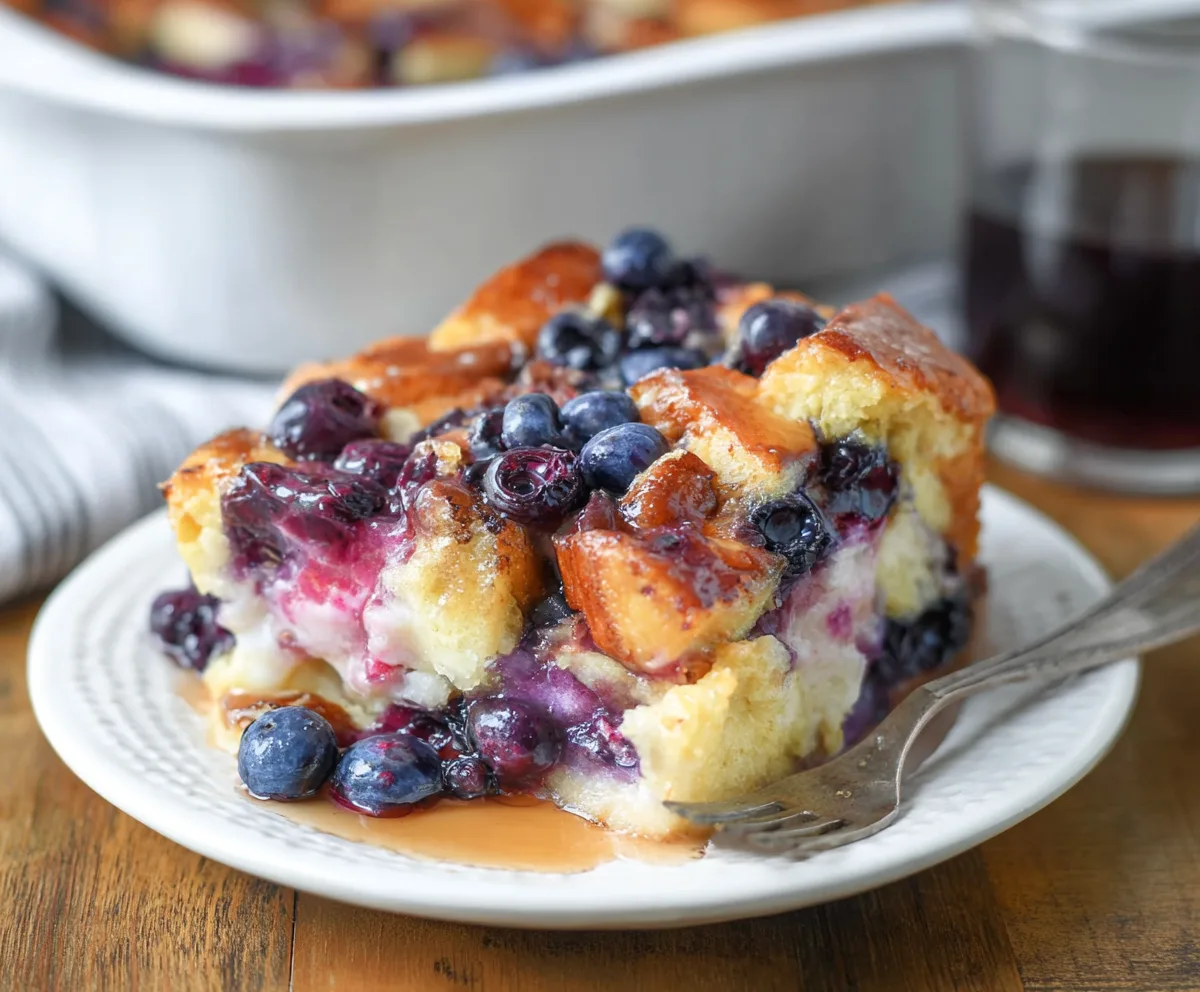 Delicious overnight blueberry French toast casserole topped with fresh blueberries and powdered sugar.