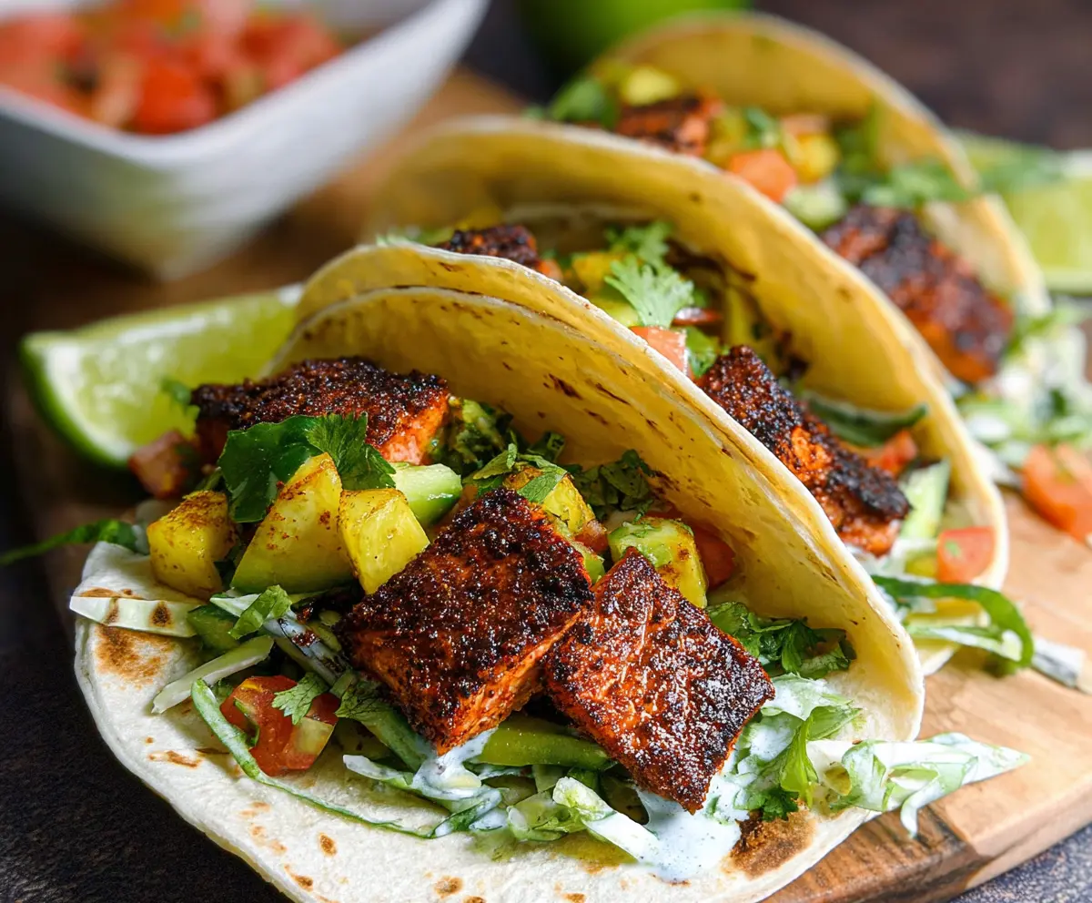 Delicious Cajun Blackened Salmon Tacos topped with fresh vegetables and creamy sauce.