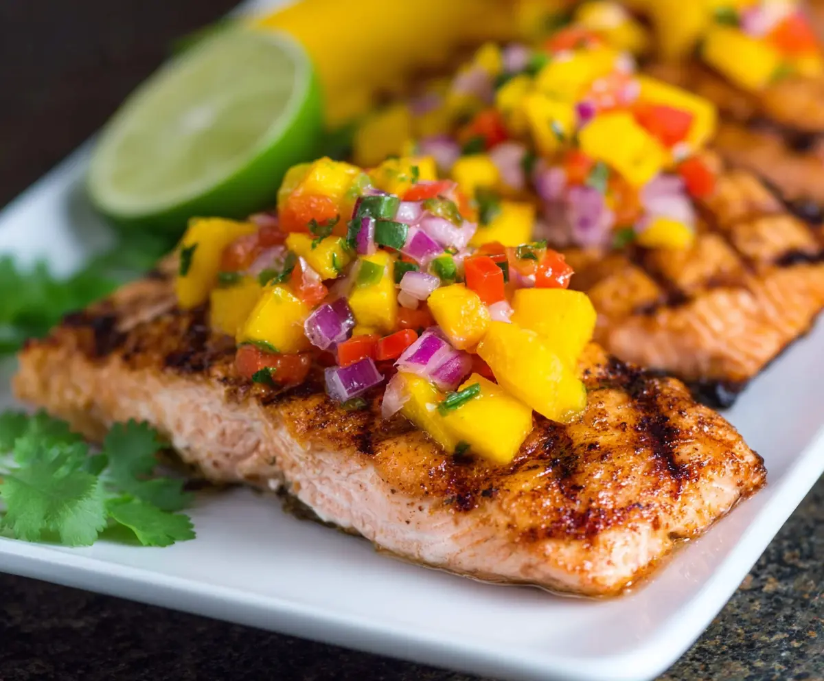 Delicious grilled salmon topped with fresh mango salsa on a white plate