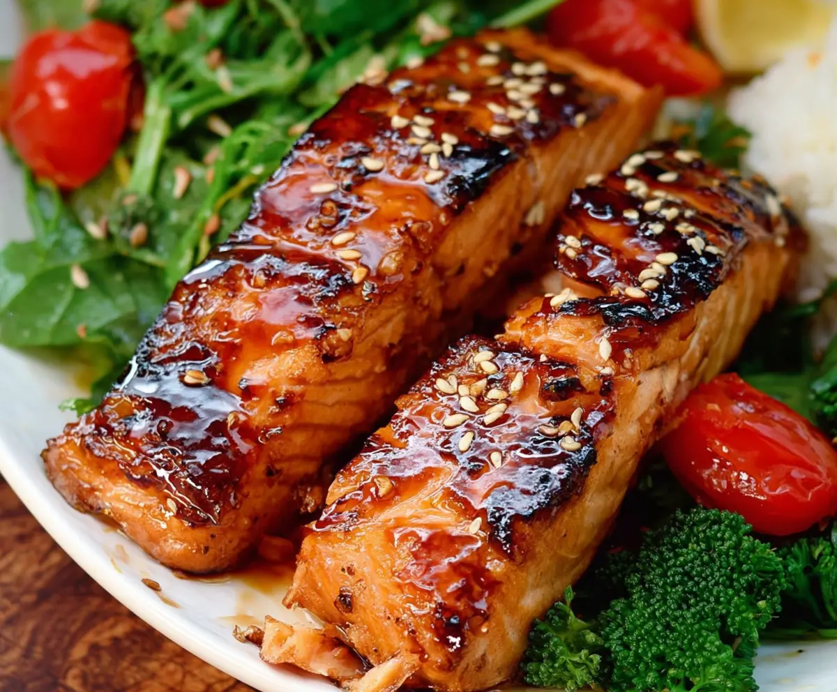 Delicious honey soy glazed salmon topped with sesame seeds on a white plate.