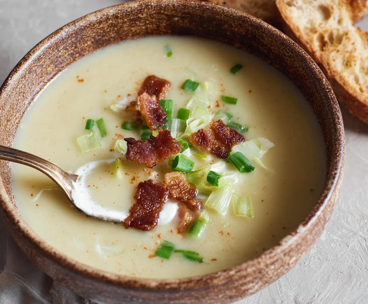 Creamy Potato Leek Soup with Bacon Crunch