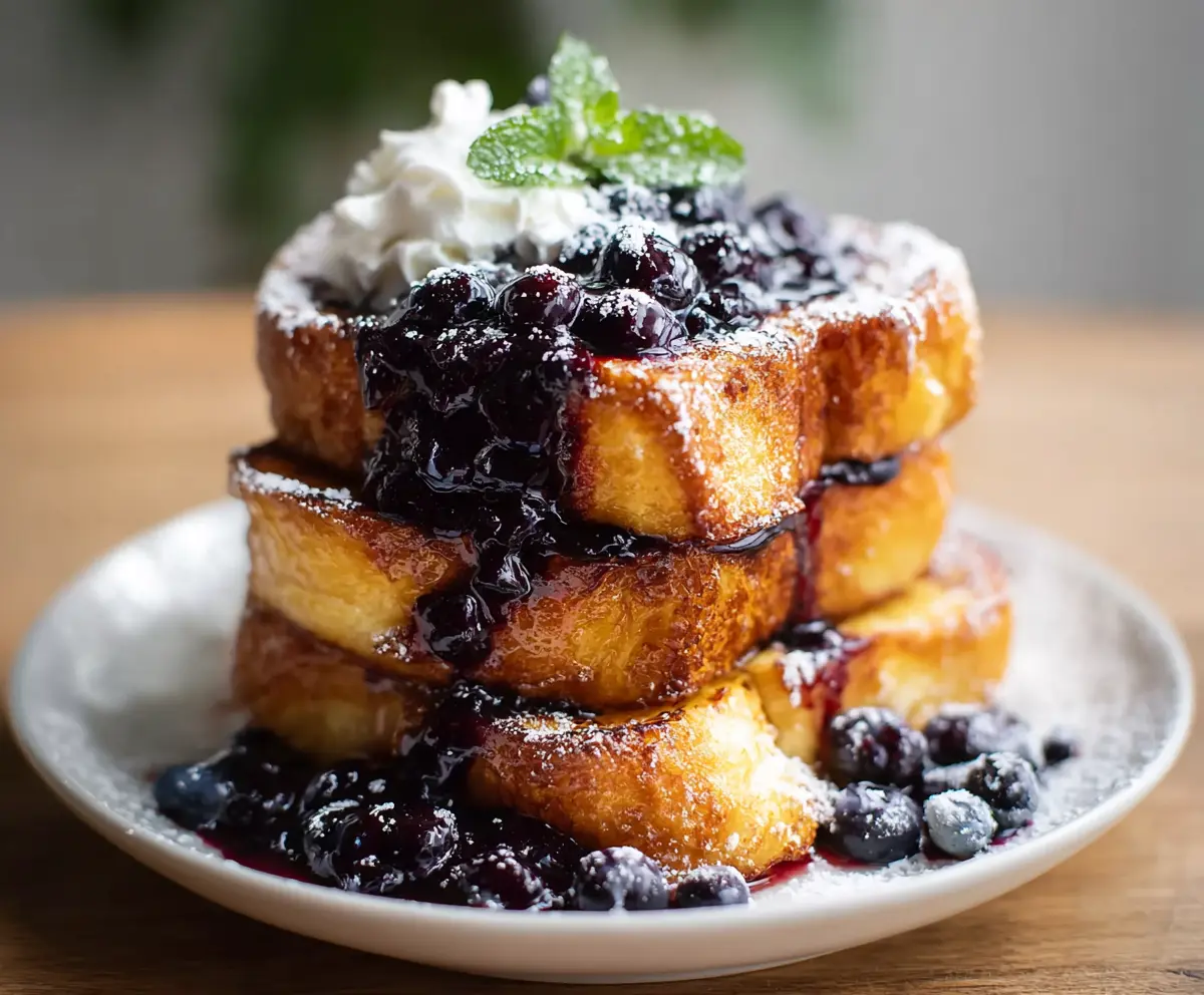 Golden brioche French toast topped with vibrant blueberry compote and powdered sugar.