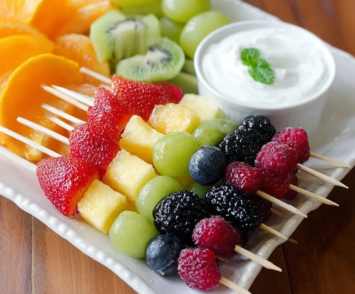 Fresh Rainbow Fruit Skewers with Honey Lime Dip