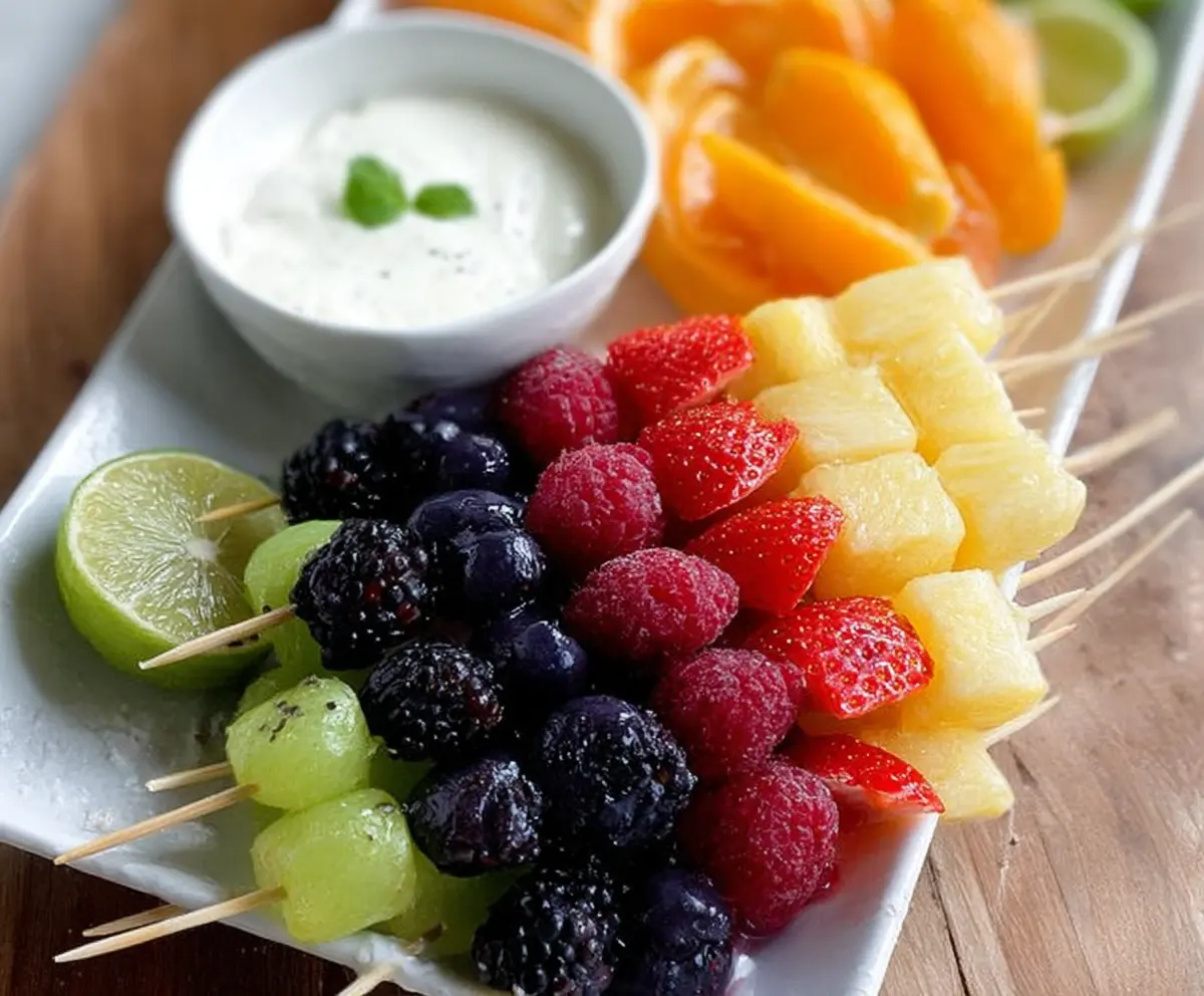 Fresh Rainbow Fruit Skewers with Honey Lime Dip