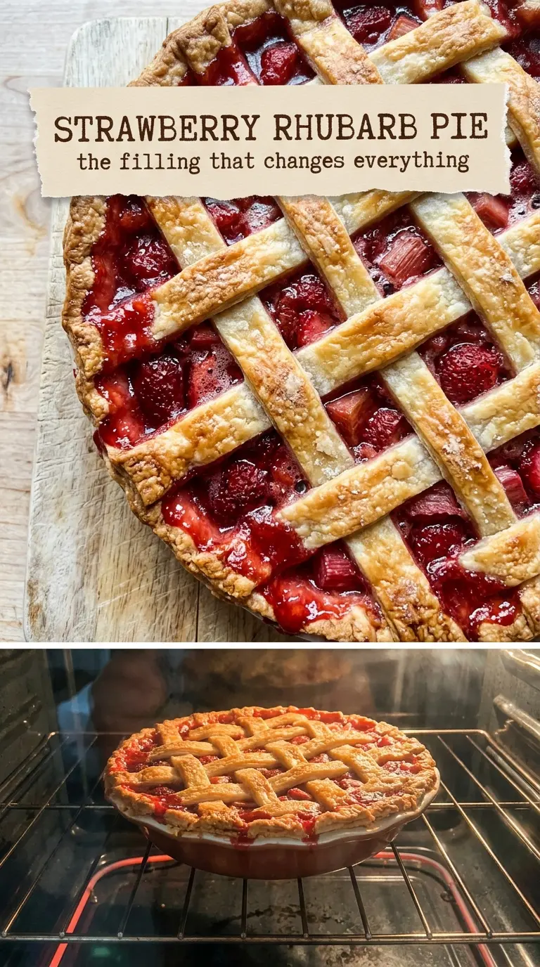 Strawberry Rhubarb Pie golden lattice, ruby filling, flaky crust