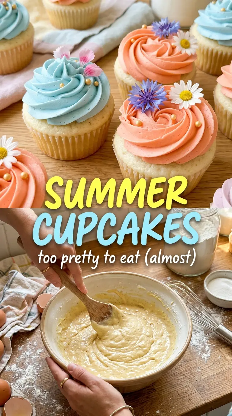 Summer Cupcakes pastel frosting, edible flowers, bakery-style