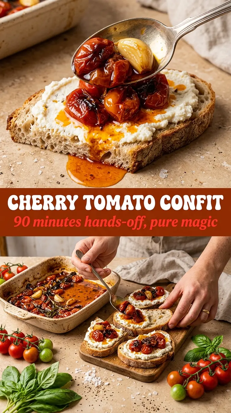 Cherry Tomato Confit on Whipped Ricotta jammy garlicky