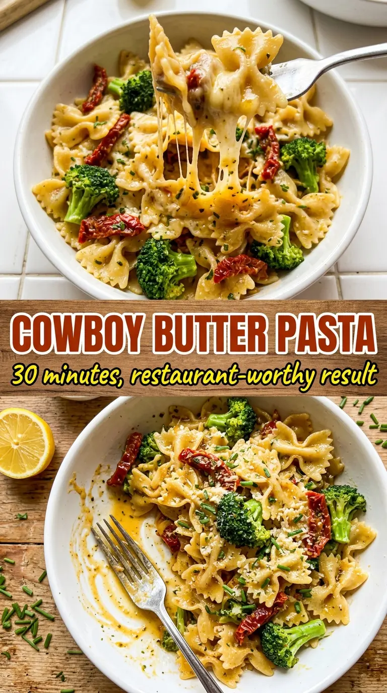 Cowboy Butter Lemon Bowtie Chicken with Broccoli, glossy saucy, vibrant