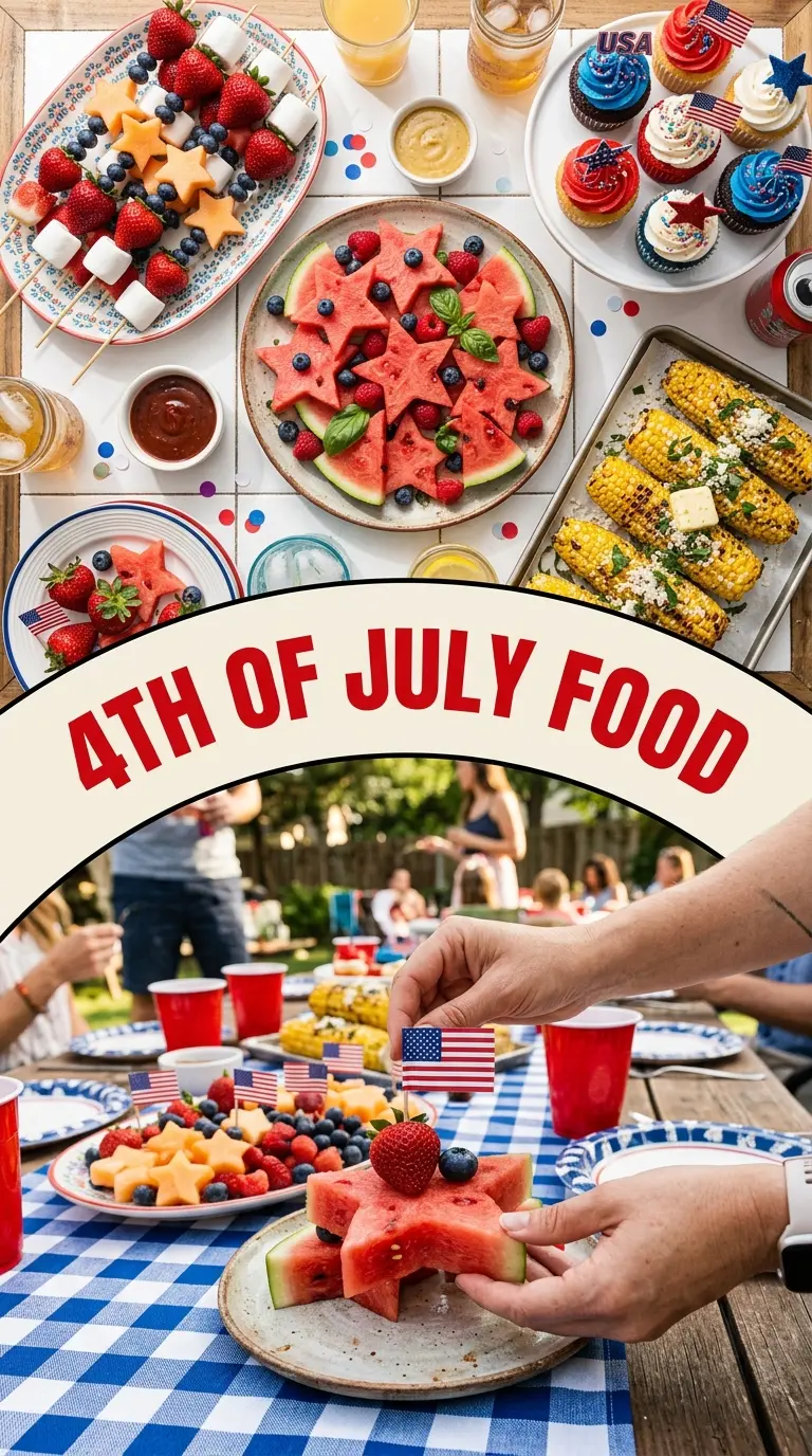 Fourth of July food patriotic fruit, grilled cookout, festive spread
