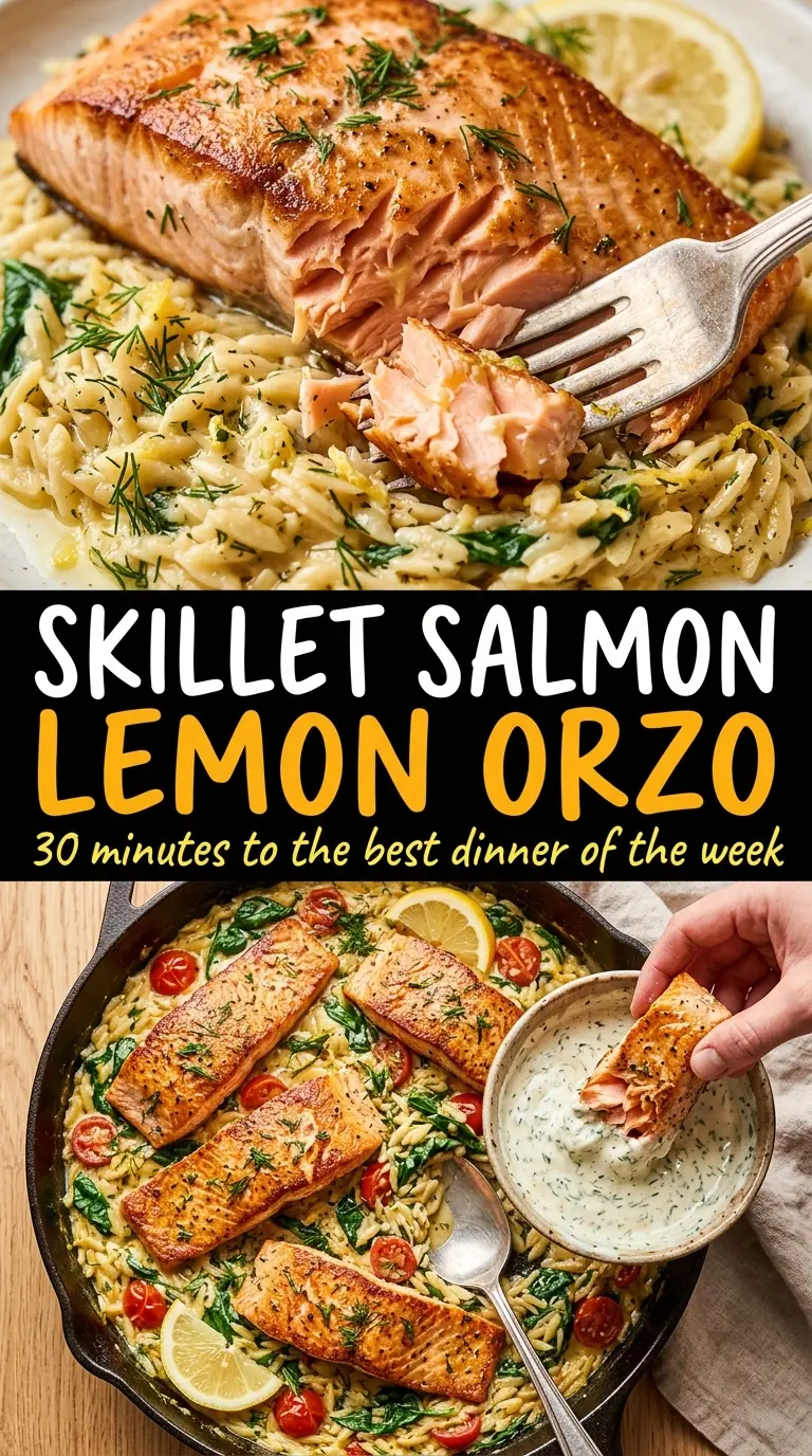 One Skillet Salmon with Lemon Orzo bright creamy