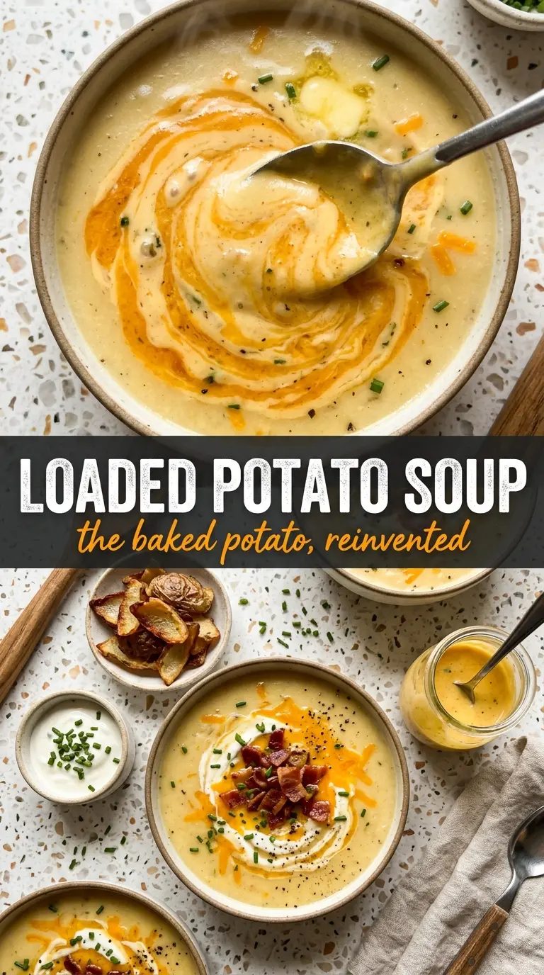 Potato soup with jalapeño cheddar drizzle, creamy and crisp