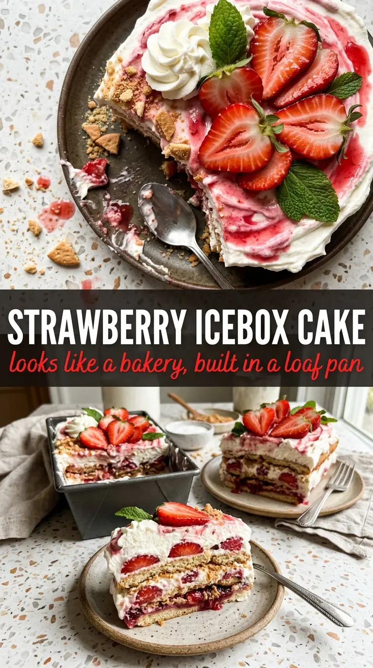 Strawberry shortcake icebox cake, layered, creamy, berry-filled