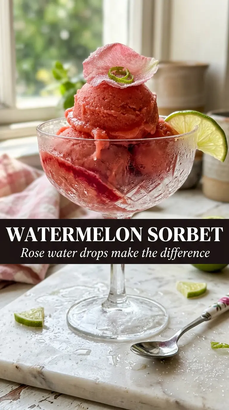 Watermelon sorbet with rose water, bright, floral, chilled