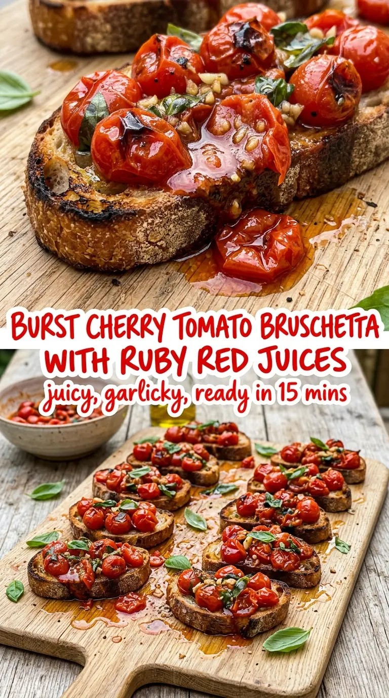 Burst Cherry Tomato Bruschetta with jammy tomatoes, charred bread, and basil