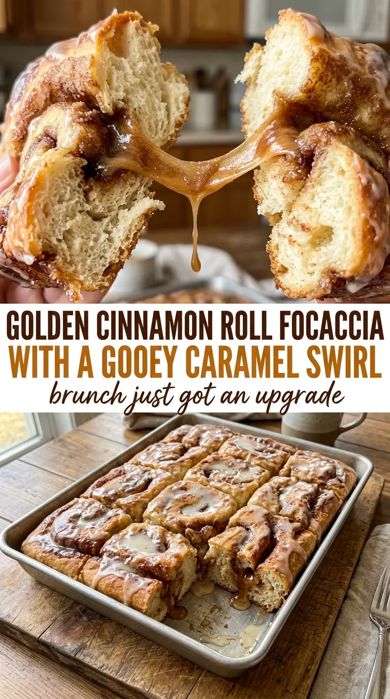 Cinnamon Roll Focaccia, gooey, golden, dimpled