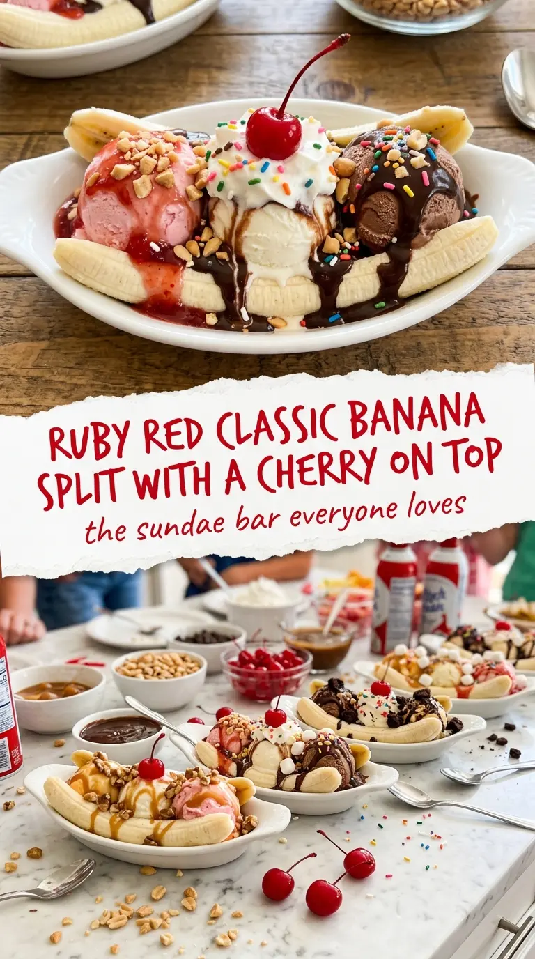 Classic Banana Split, nostalgic sundae, creamy toppings