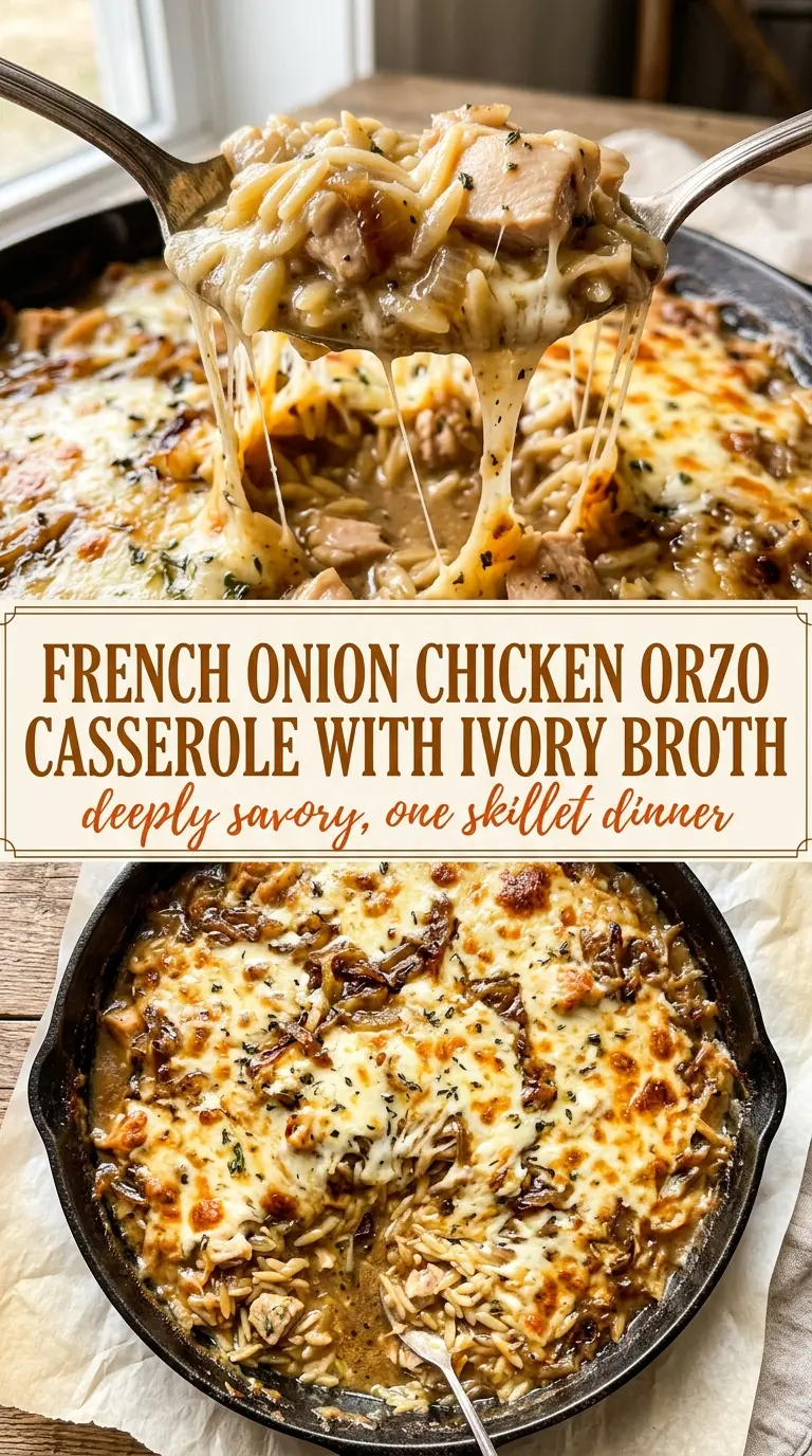 French Onion Chicken Orzo Casserole caramelized creamy baked