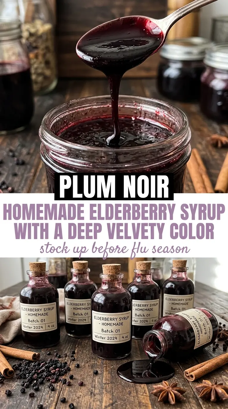 Homemade elderberry syrup deep purple spiced