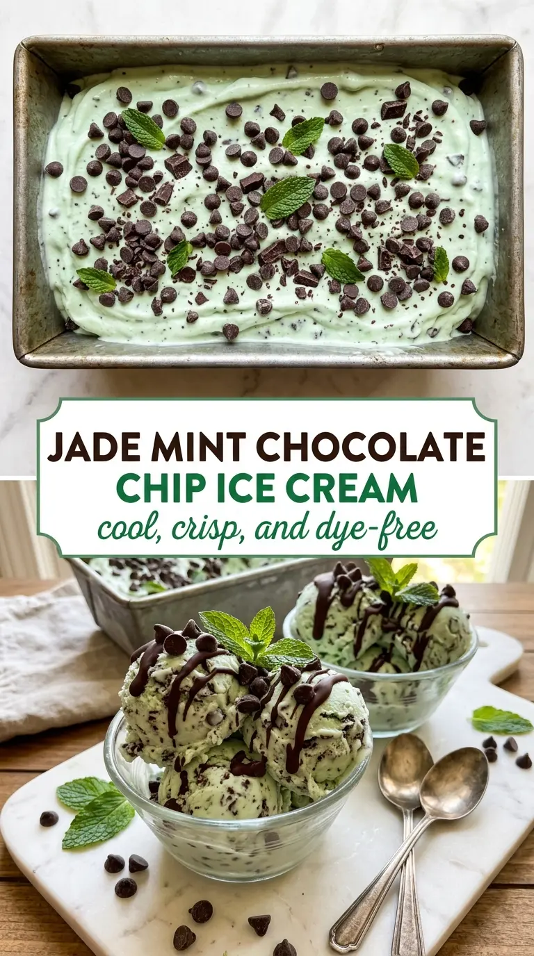 Mint chocolate chip ice cream, creamy pale mint, chocolate chips