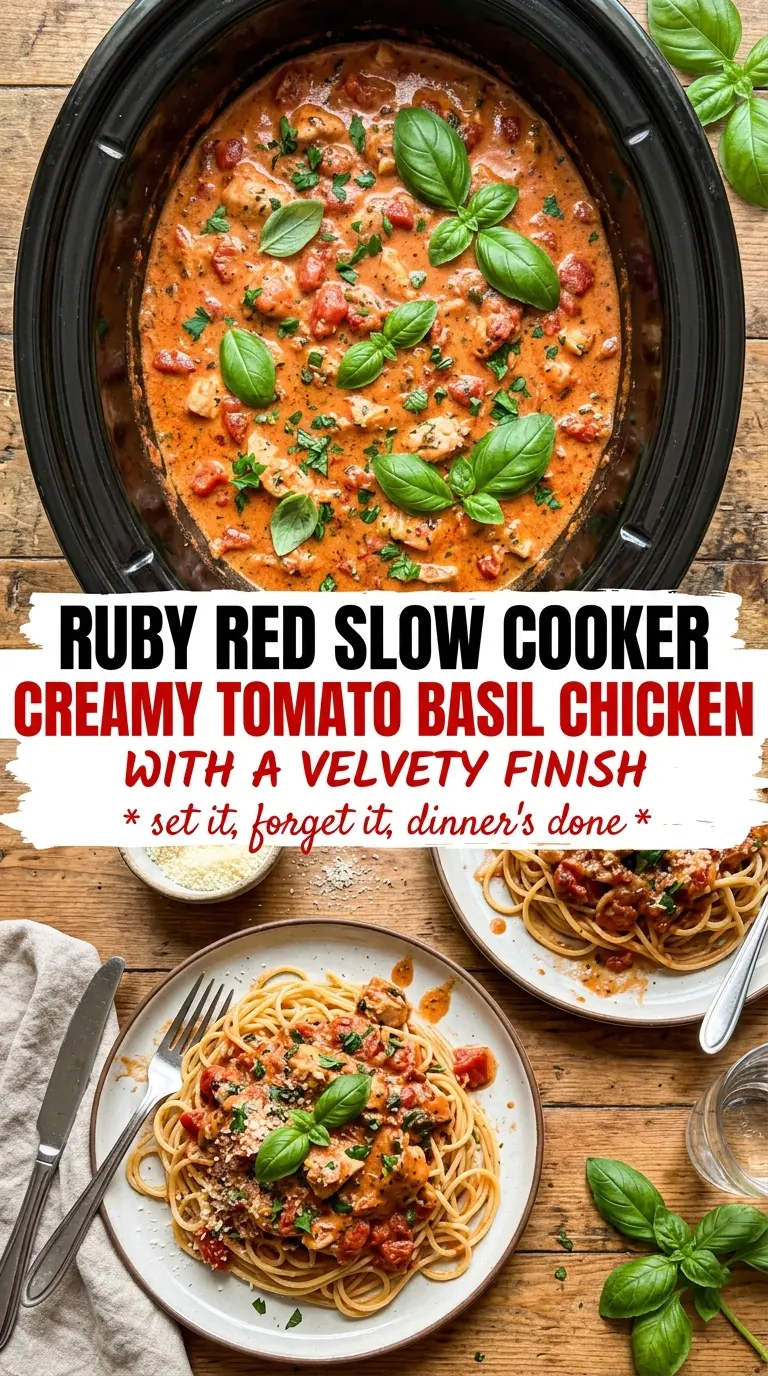 Slow Cooker Creamy Tomato Basil Chicken, tender, silky, basil