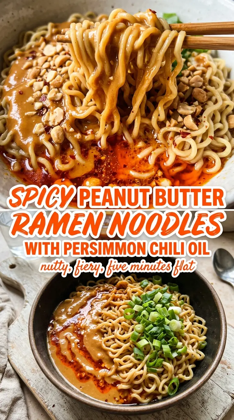 Spicy Peanut Butter Ramen Noodles, glossy, fiery, quick