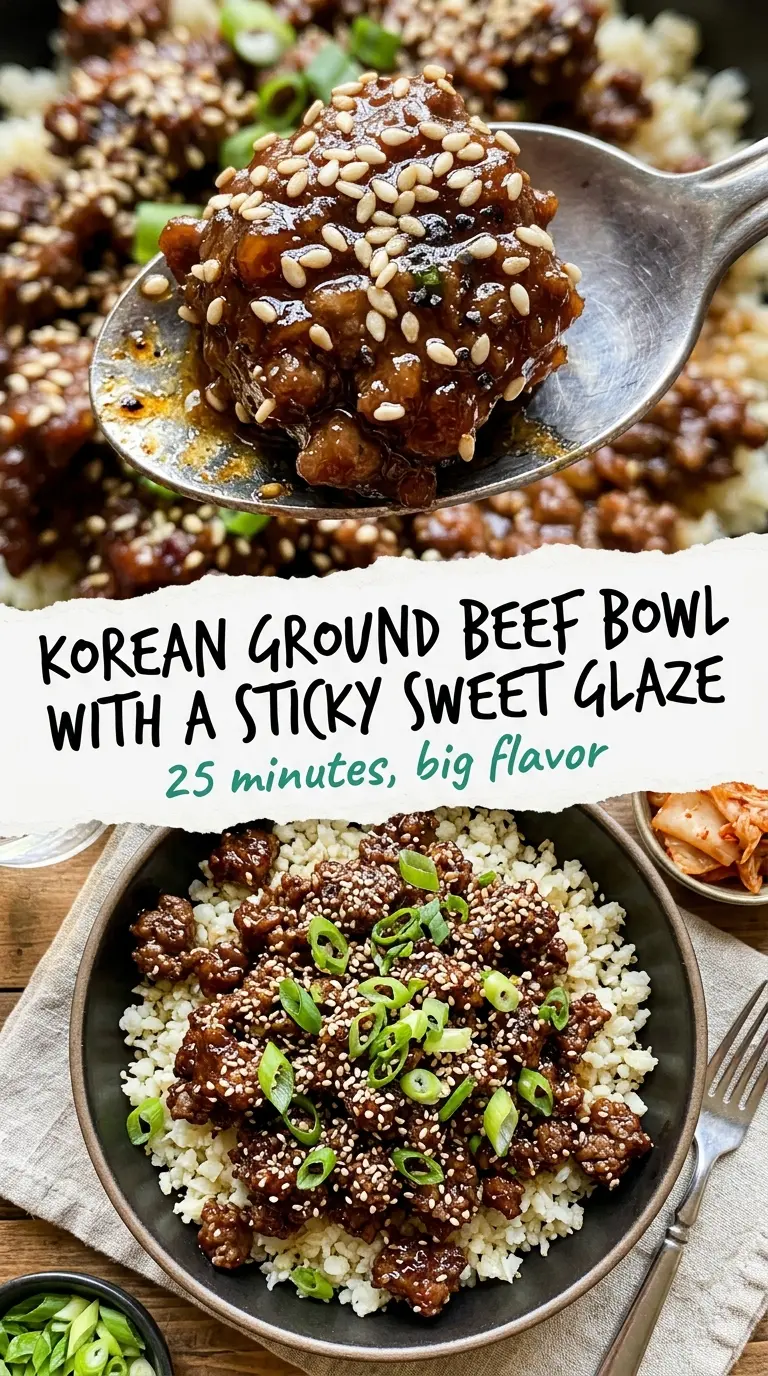 Korean ground beef bowl glossy sesame glaze steaming rice