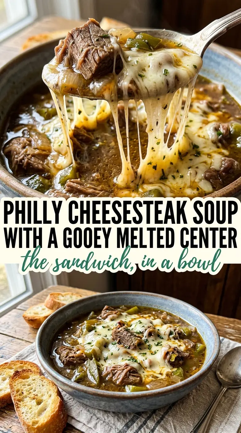 Creamy Philly Cheesesteak Soup with tender beef, melted provolone, and peppers