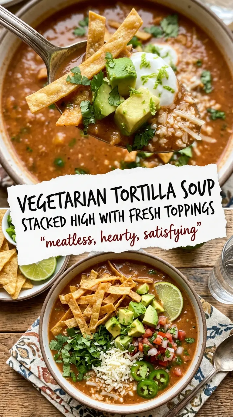 creamy vegetarian tortilla soup colorful toppings crispy strips