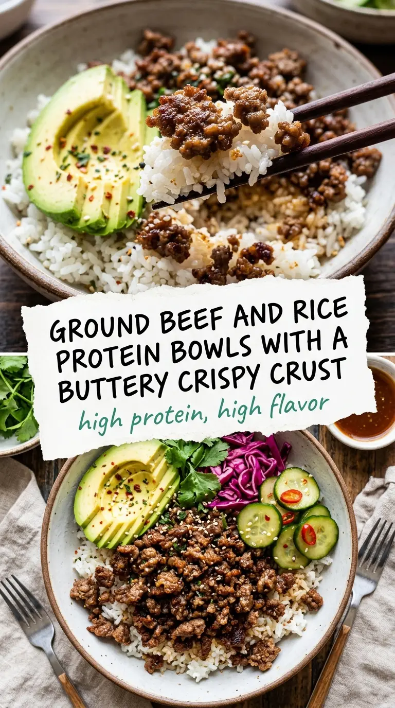 ground beef rice protein bowl crispy edges colorful toppings