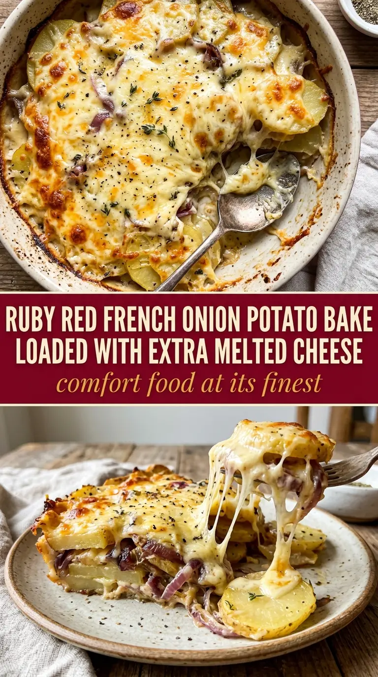 French onion potato bake creamy melted cheese golden top