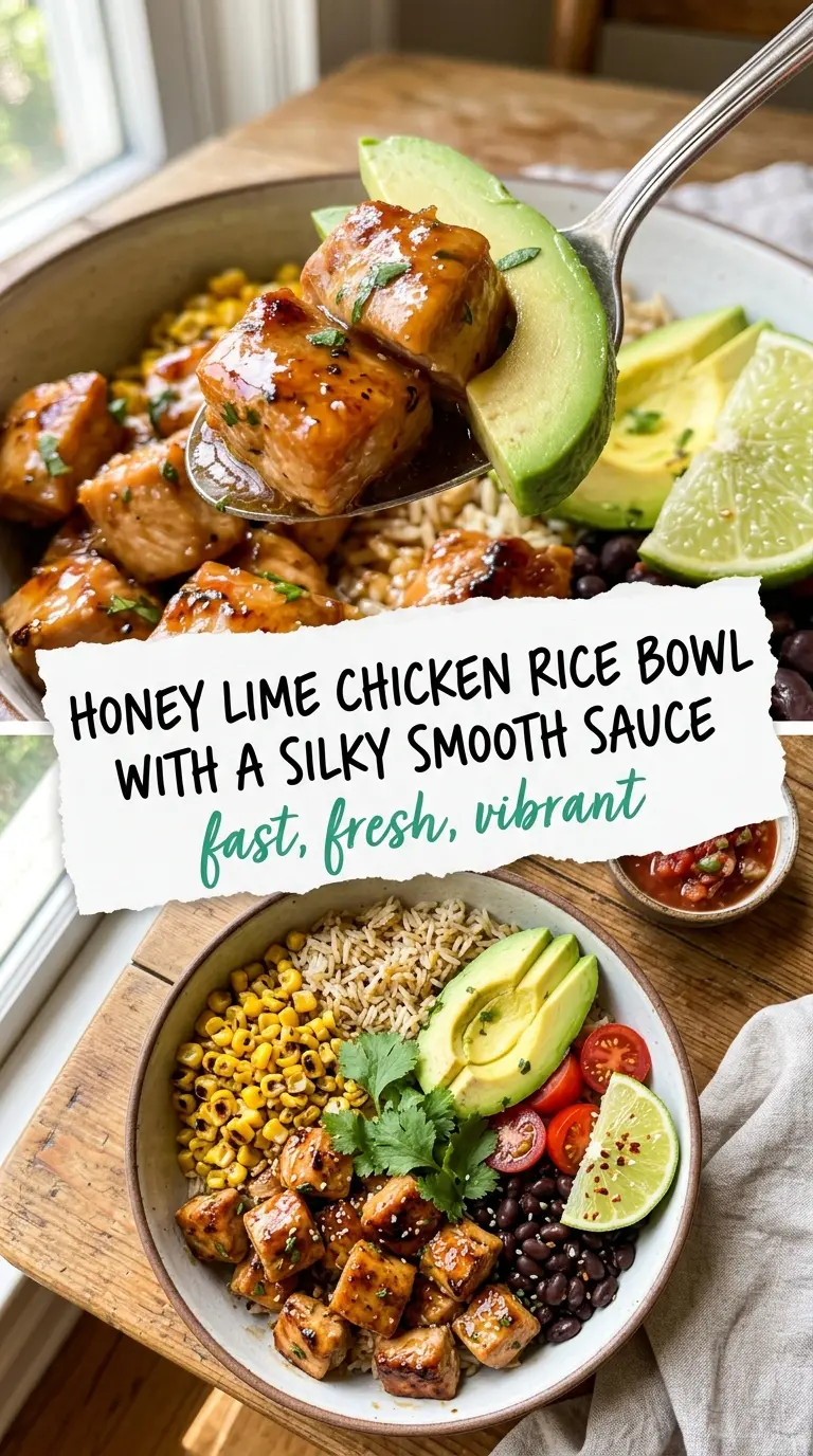honey lime chicken avocado rice bowl glossy fresh colorful