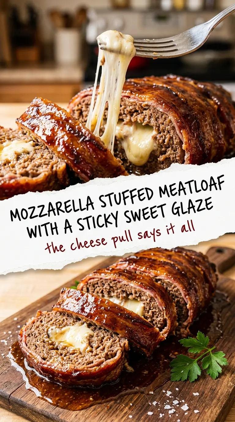 mozzarella stuffed bacon wrapped meatloaf gooey melty cheese pull
