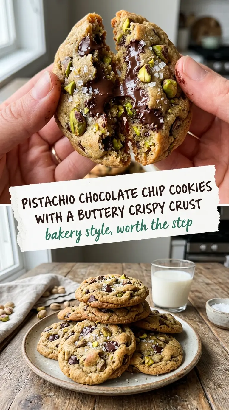 Salted pistachio chocolate chip cookies buttery chewy crunchy