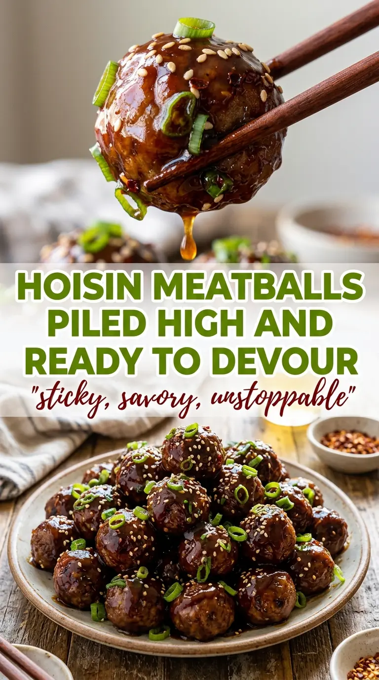 Sticky hoisin meatballs with scallion sauce, glossy savory