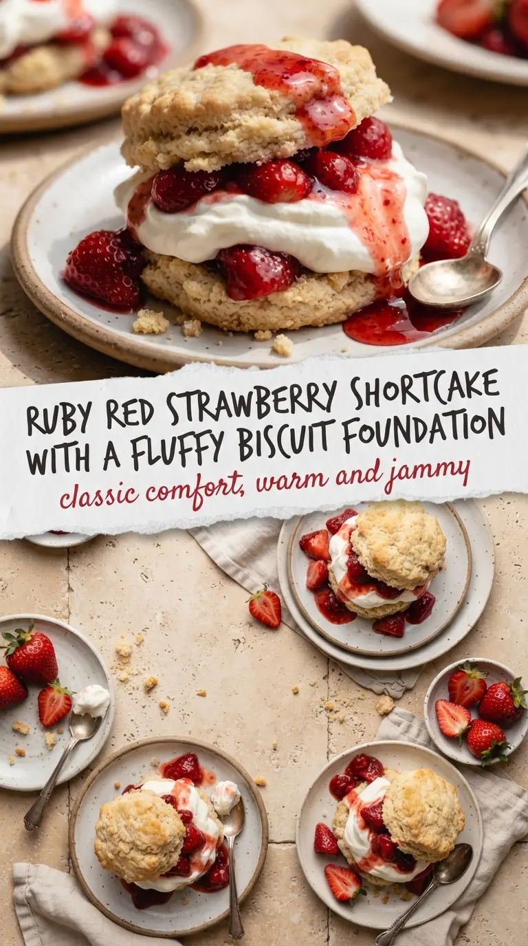 Strawberry shortcake with homemade biscuits, flaky berries, cream