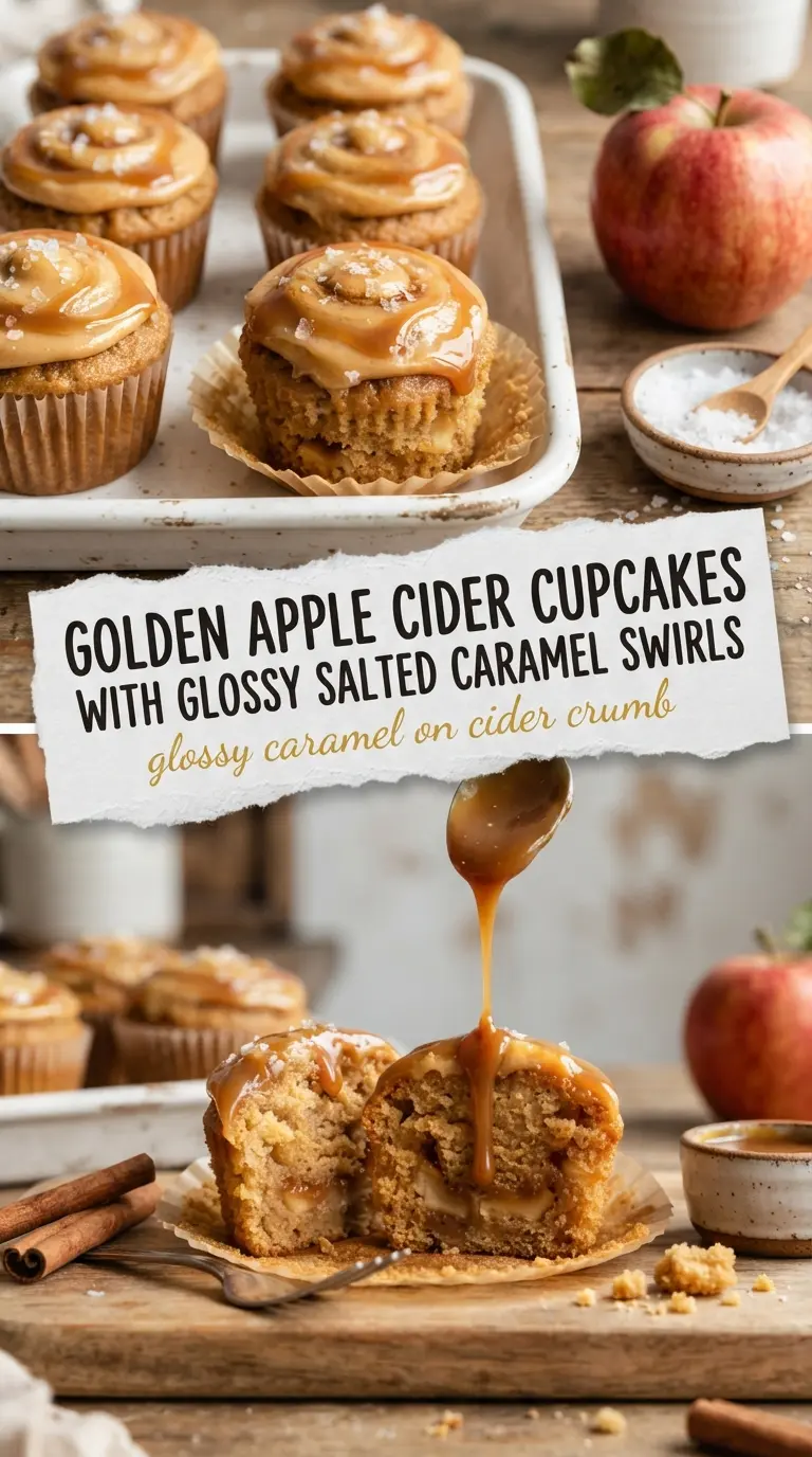 Apple cider cupcakes with salted caramel frosting, fluffy, caramel-topped