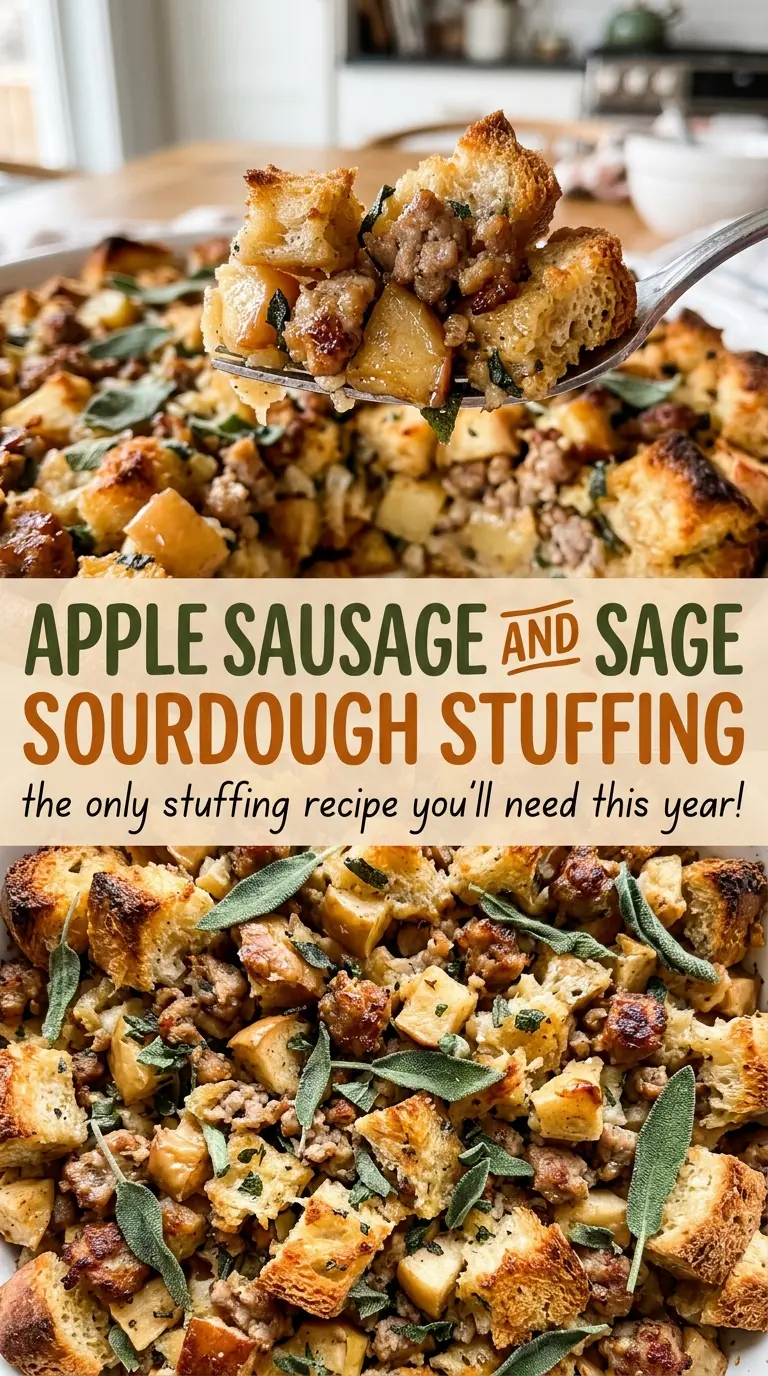 Apple Sausage and Sage Sourdough Stuffing, crisp golden savory
