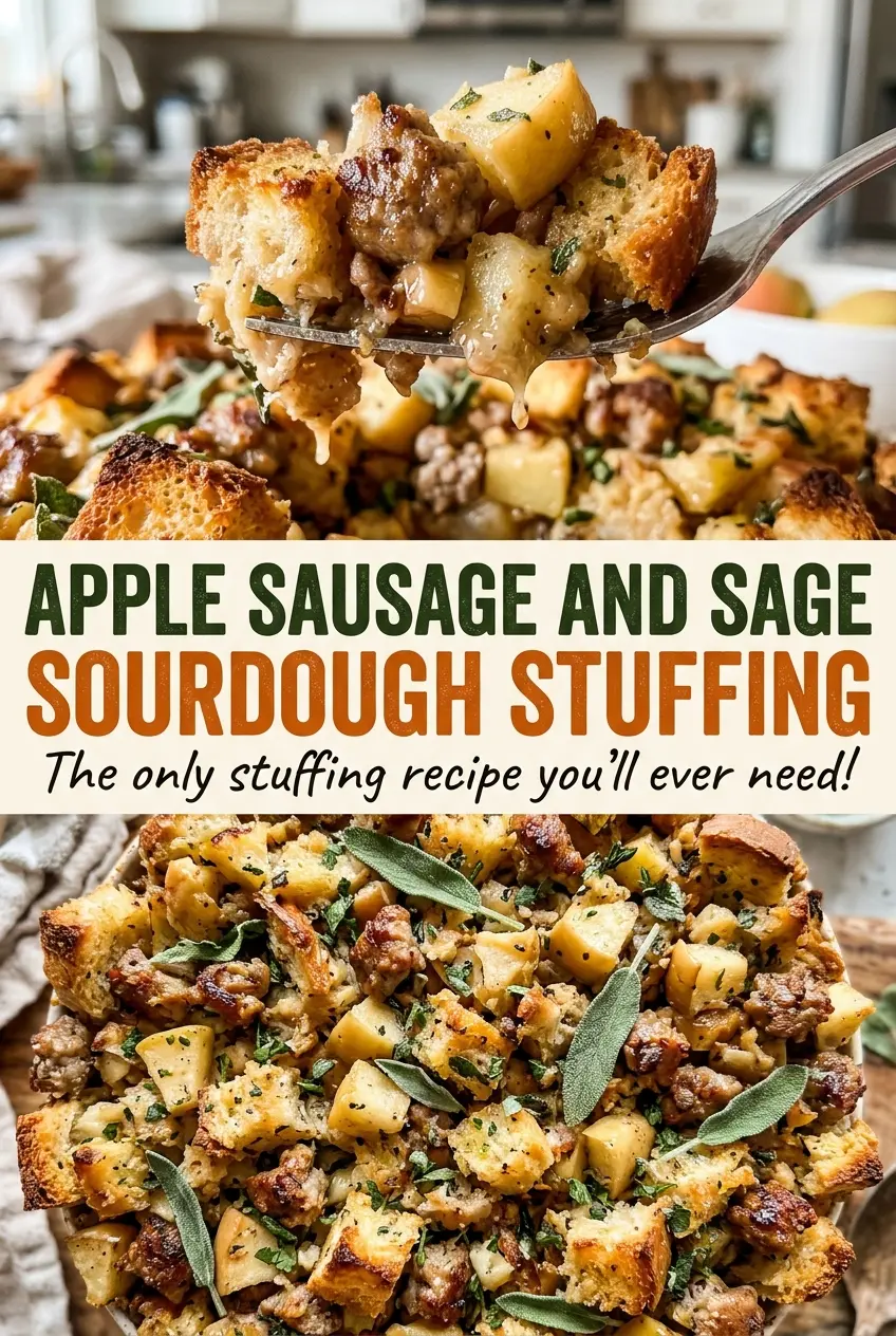 Apple Sausage and Sage Sourdough Stuffing, golden savory rustic