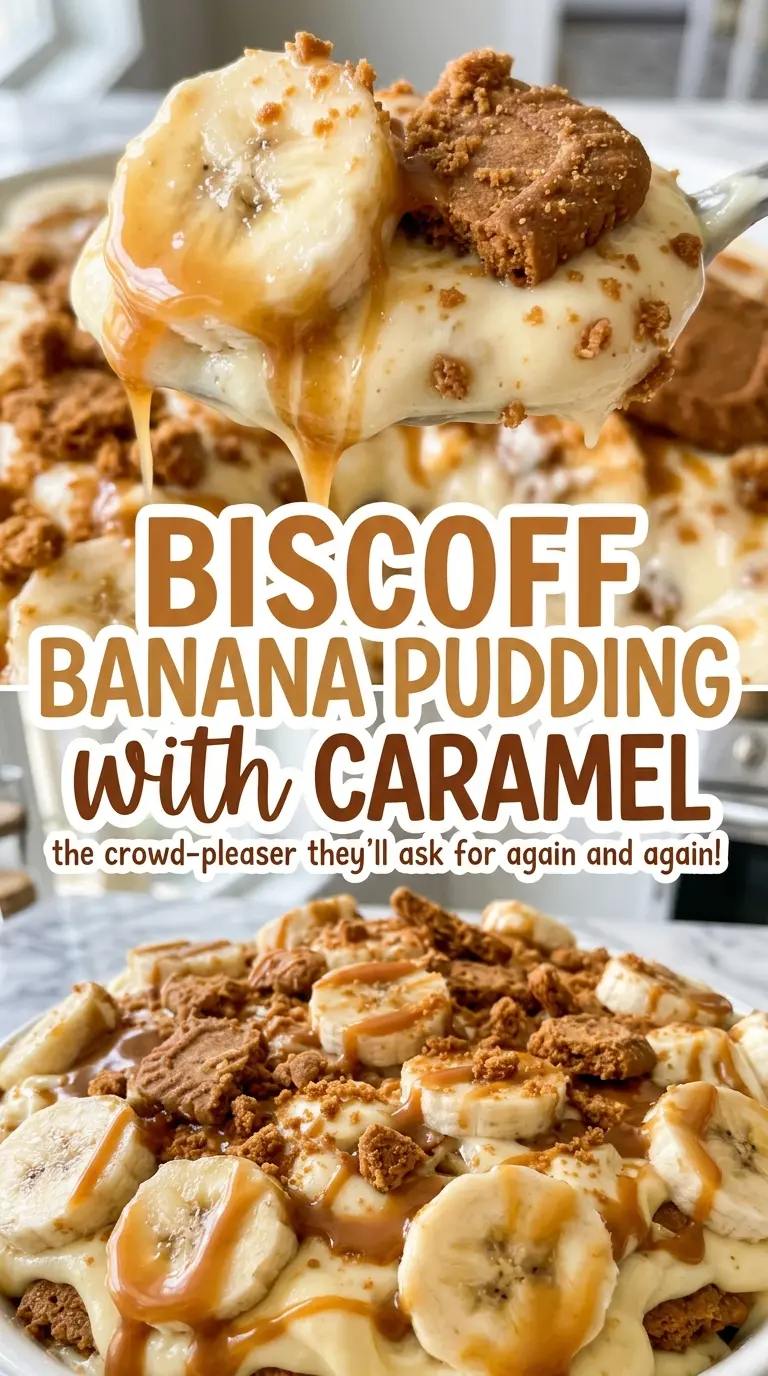 Biscoff banana pudding with caramel, cookie-topped chilled dessert