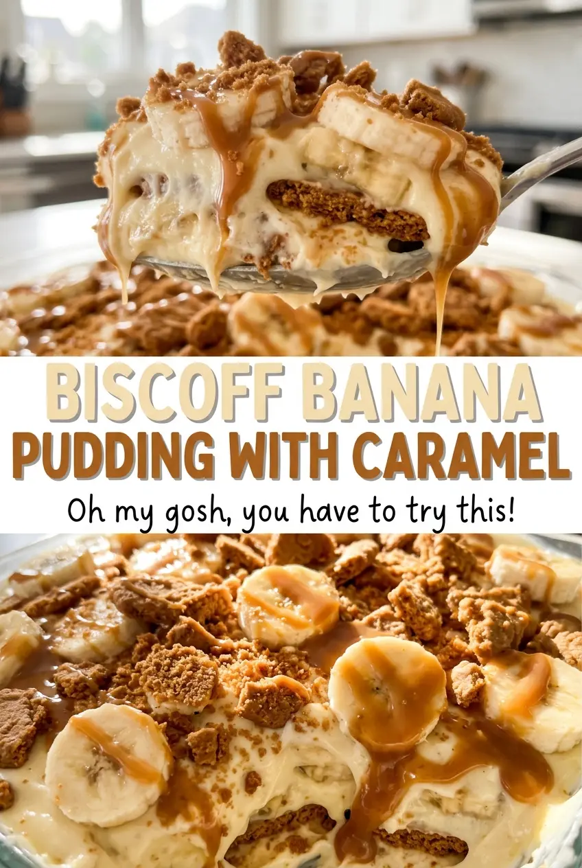 Biscoff banana pudding with caramel, creamy layered dessert