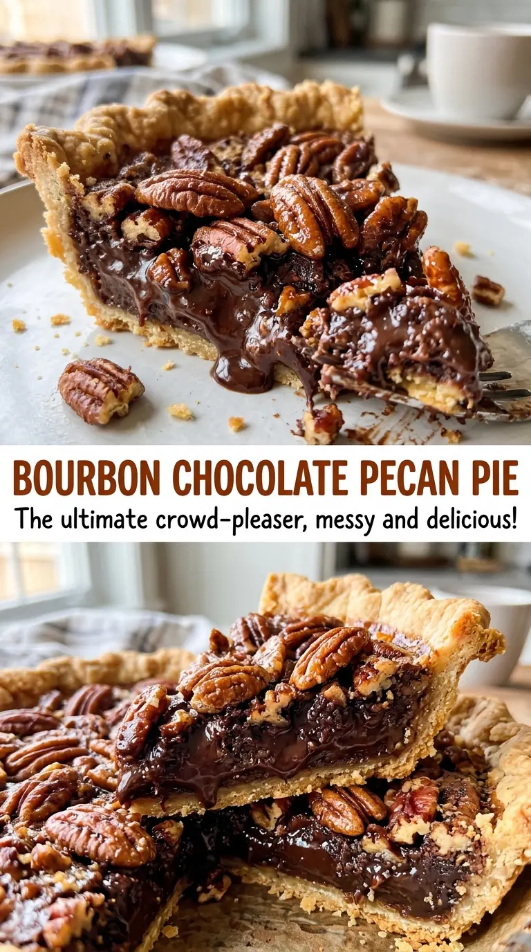 Bourbon Chocolate Pecan Pie with glossy, set filling