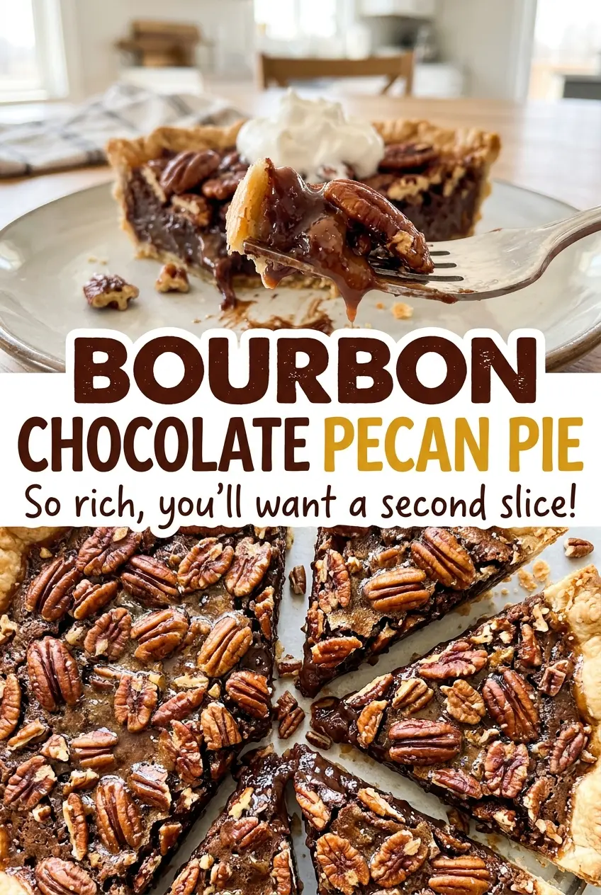 Bourbon Chocolate Pecan Pie with glossy, set filling
