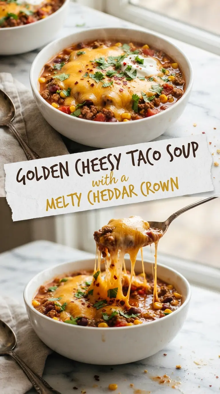Cheesy taco soup, hearty, melty, comforting