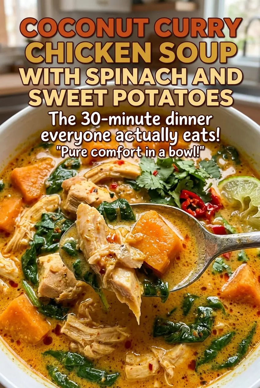 Coconut Curry Chicken Soup with Spinach and Sweet Potatoes creamy golden bowl