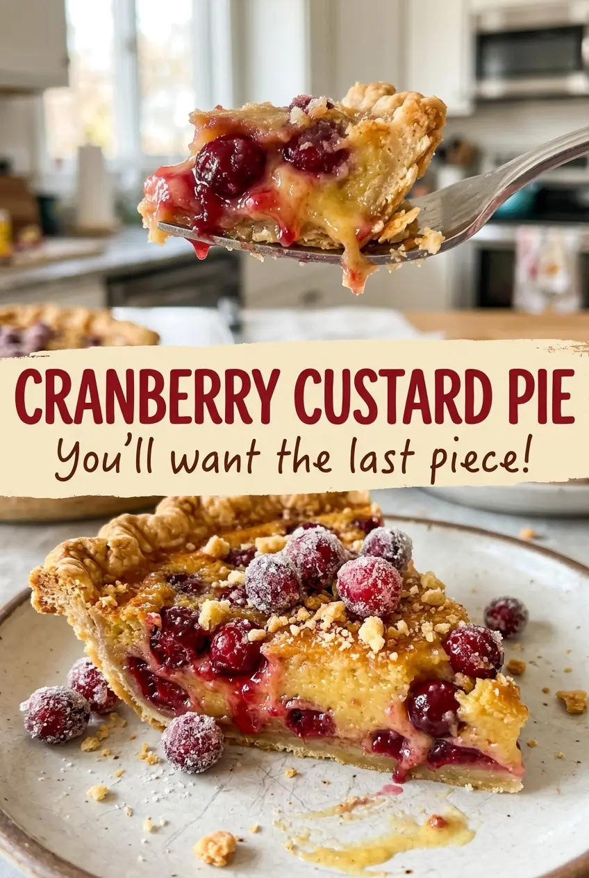 Cranberry Custard Pie with tart berries and golden crust
