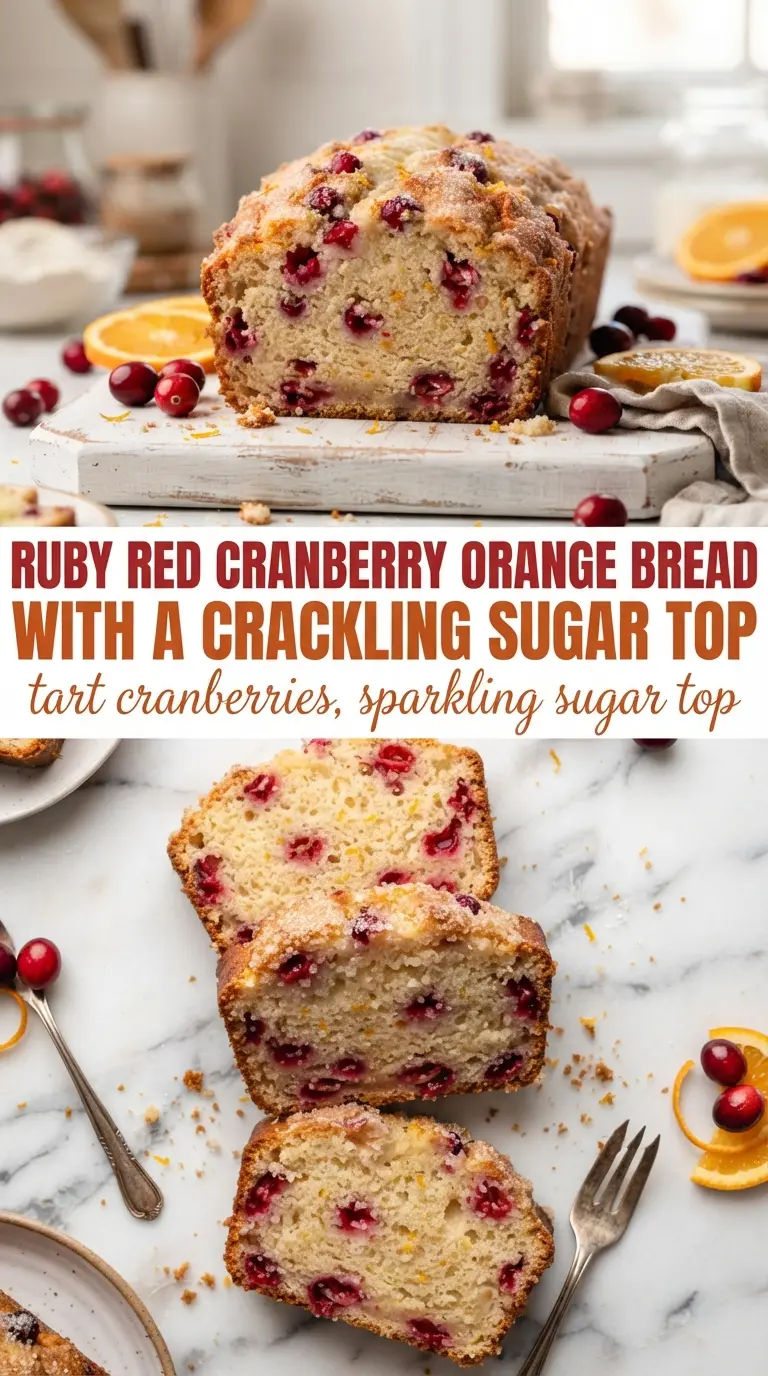 Cranberry Orange Bread with bright citrus, tart berries, crackly sugar top
