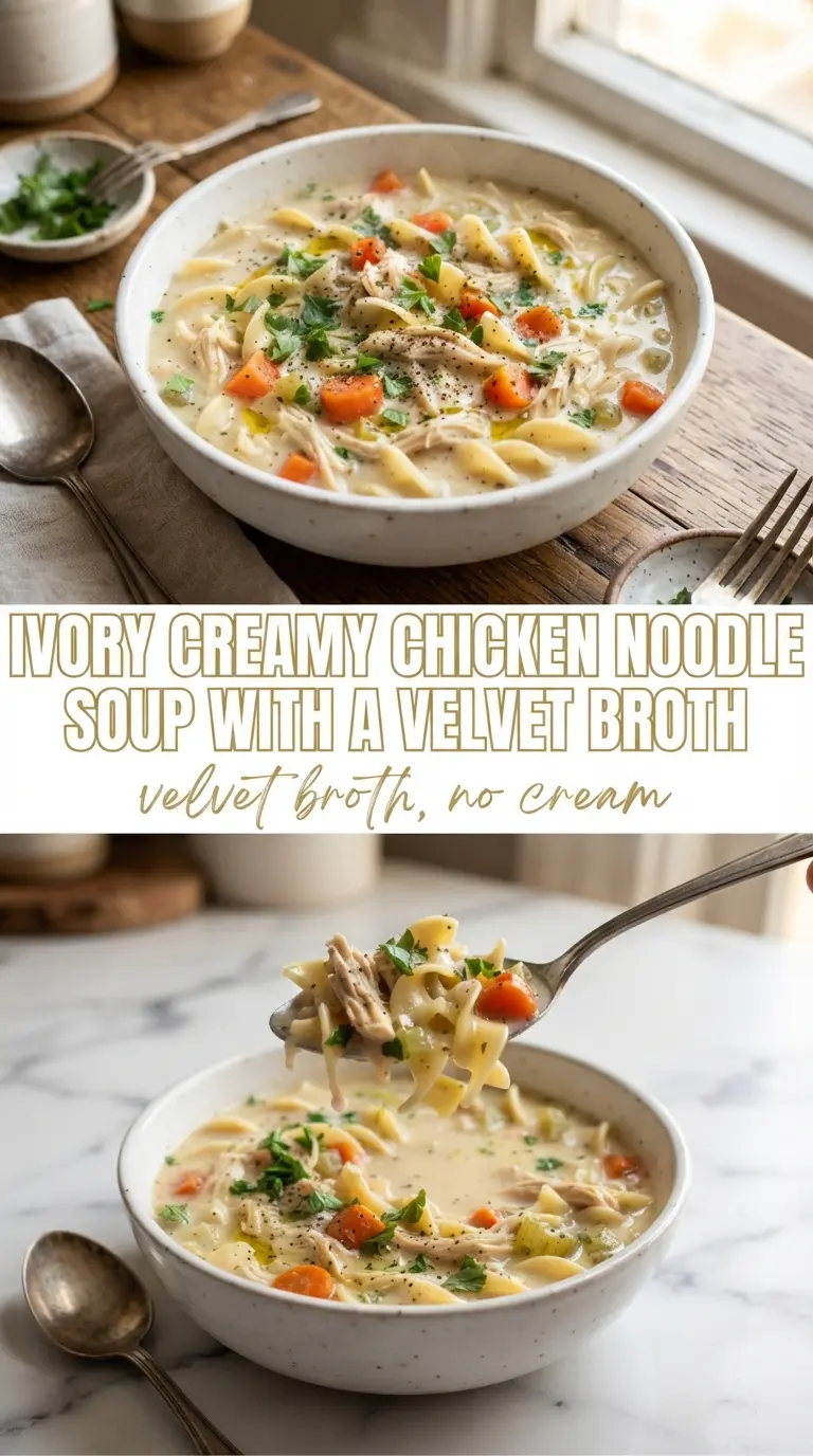 Creamy chicken noodle soup velvety broth tender noodles